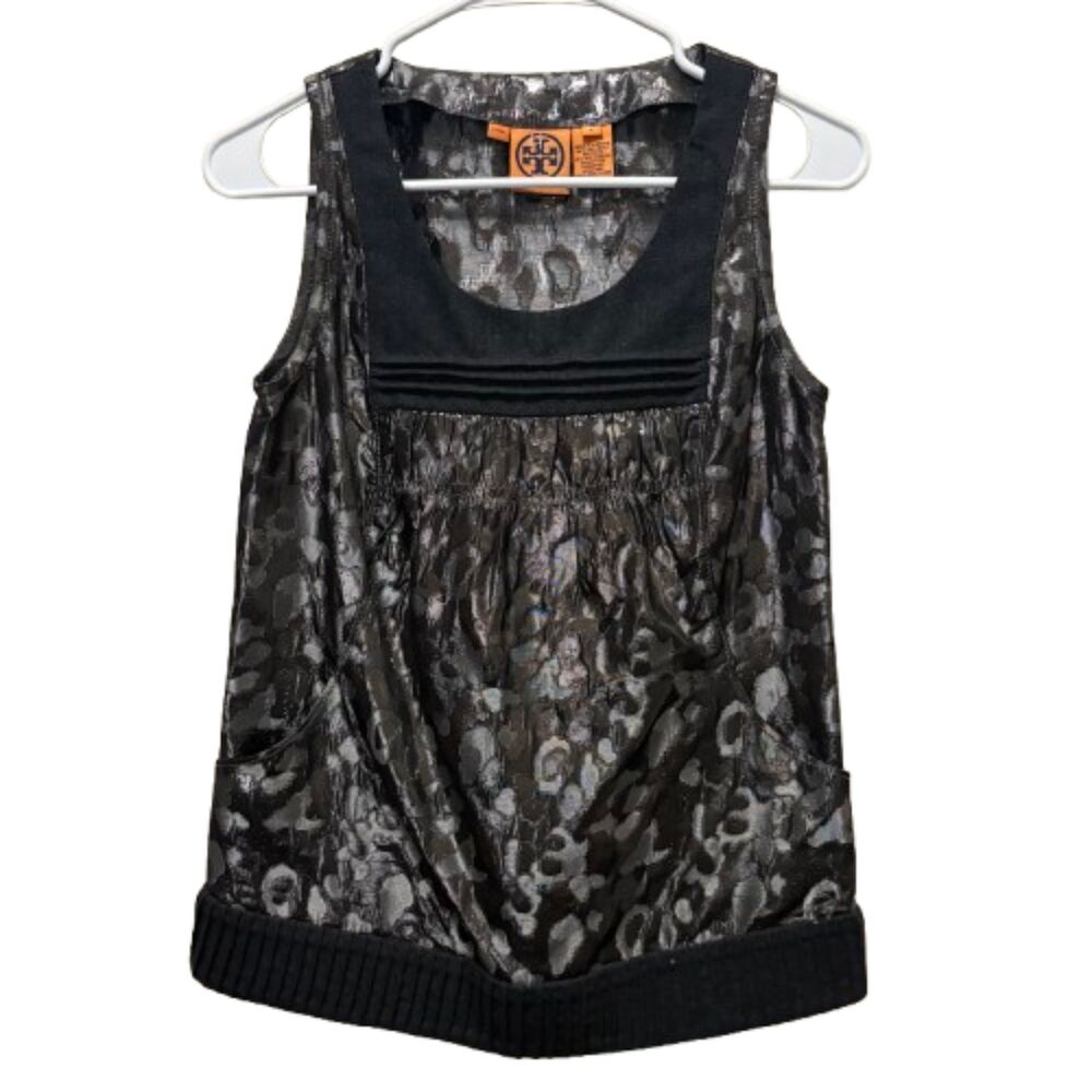 Tory Burch Metallic Leopard Print Jacquard Sleeveless Top Pewter Black Size 2 - Picture 1 of 4